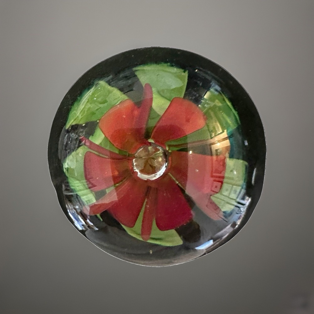 Vintage Round Glass Paperweight Red Orange Flower Floral Controlled Bubble 2.5"
